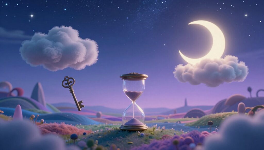 A dream-like composition featuring vivid symbols associated with dreams, such as floating clouds, an ornate key, an ethereal hourglass, and a glowing crescent moon, all delicately balanced in the foreground. The middle ground showcases a whimsical landscape with softly swirling colors and silhouettes of abstract forms, suggesting the fluid nature of dreams. In the background, a starry night sky adds depth, filled with twinkling stars and a gentle gradient from deep blue to soft lavender. The lighting is soft and enchanting, capturing a serene atmosphere. Use a wide-angle lens to emphasize the dreamlike expansiveness. The mood is tranquil and reflective, inviting viewers to delve into the mystical world of dreams and their symbols. The image should be devoid of any text or branding elements.