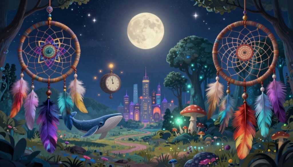 A dream-themed illustration showcasing the various types of dreams: in the foreground, a whimsical dreamcatcher with colorful feathers and intricate patterns, symbolizing different dream types. In the middle ground, diverse dream scenarios unfold—a peaceful landscape with flying whales, a surreal city of floating clocks, and a mysterious forest filled with glowing mushrooms, each representing a unique dream experience. In the background, a starry night sky illuminated by a luminous full moon casts a soft, magical glow over the scene. The atmosphere is ethereal and enchanting, with gentle, diffused lighting that evokes a sense of wonder and introspection. The composition is wide, allowing for a panoramic view, inviting the viewer to explore the depths of their own dreams.