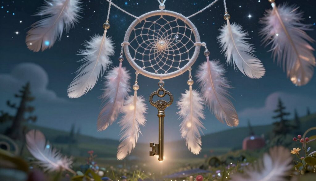 A mystical dreamscape showcasing the concept of "symbolic meaning," emphasizing various dream symbols like a key, feathers, and a dreamcatcher. In the foreground, a beautifully detailed key hangs from a shimmering thread, symbolizing access to hidden truths. The middle layer features a translucent dreamcatcher with delicate feathers, softly catching ethereal light. The background displays a surreal landscape with a starry night sky and abstract shapes representing subconscious thoughts. The lighting is soft and mysterious, creating an enchanting atmosphere that invites reflection. Use a wide-angle lens to capture the depth of this dream world, ensuring all elements flow harmoniously without any text or signatures.