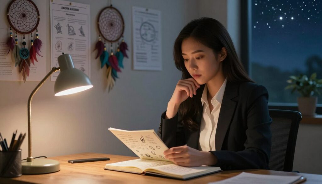 A serene and contemplative scene illustrating dream analysis, featuring a young Asian woman in professional business attire sitting at a wooden desk. She is thoughtfully looking at an open dream journal filled with handwritten notes and symbols. In the foreground, a gentle glow of a desk lamp casts soft, warm lighting over her focused expression. In the middle ground, a wall adorned with dream interpretation charts and colorful dreamcatchers adds depth, symbolizing the significance of dreams. The background reveals a peaceful window with a night sky and faint stars, creating a dreamlike atmosphere. The overall mood is introspective and enlightening, reflecting the importance of understanding one’s dreams. The composition is framed with a slight depth of field for a professional look.