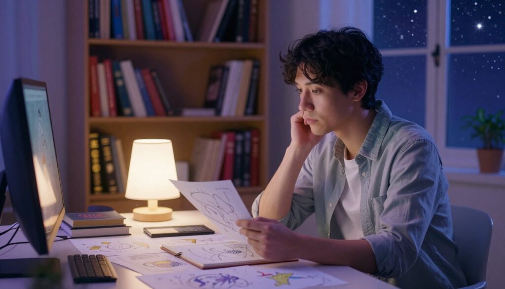A serene and contemplative scene showcasing an individual analyzing a dream. In the foreground, a professional in modest casual clothing, sitting at a desk filled with dream journals and colorful sketches representing various dreams. The middle layer includes a softly glowing lamp that casts warm light, illuminating the papers. Behind them, tall bookshelves filled with mystical and psychological books about dream interpretation. The background features a window with a view of a starry night, symbolizing the depths of the subconscious. Soft and relaxing colors—blues, purples, and whites—create an atmosphere of introspection and curiosity. The image captures an essence of wisdom and exploration in dream analysis. The scene is shot with a slight angle to emphasize depth, using a shallow depth of field to focus on the individual’s thoughtful expression while gently blurring the background.