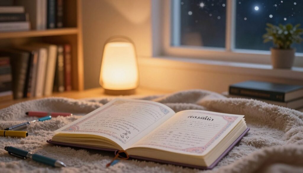 A serene and inviting dream journal ("สมุดฝัน") placed prominently in the foreground, showcasing a beautifully designed cover with intricate patterns and soft pastel colors. Open to a page filled with handwritten notes and doodles, surrounded by colorful pens and a soft, plush blanket. In the middle ground, a softly glowing desk lamp casts a warm, golden light over the scene, enhancing the intimate atmosphere. The background features a cozy room with bookshelves lined with inspiring books and a window revealing a night sky filled with stars, reflecting the theme of dreaming. The scene is captured with a soft focus to evoke tranquility and inspiration, resembling a cozy workspace perfect for discovering one's dreams. Ensure the image is free from text or logos, focusing on the peaceful vibe of creativity and introspection.