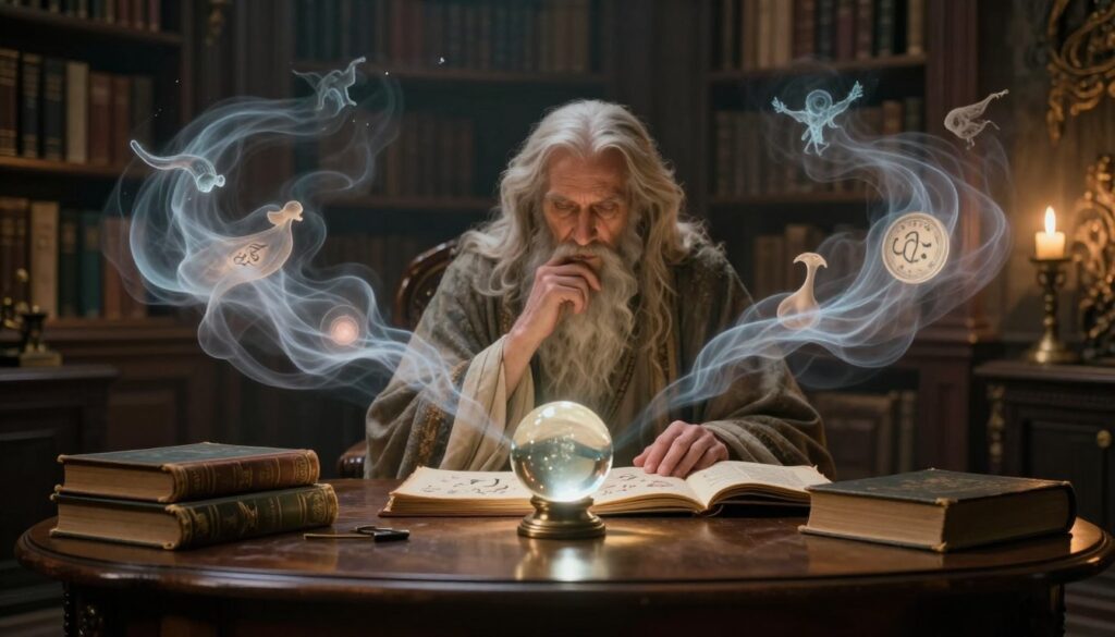 A serene and mystical scene depicting the essence of dream interpretation, featuring an elegant wooden table in the foreground, adorned with ancient books and a crystal ball reflecting soft light. In the middle ground, a wise figure, dressed in flowing robes, is studying symbols and imagery from dream journals, their expression thoughtful and contemplative. Ethereal wisps of dreamlike clouds swirl around them, filled with faint images of dreams like flying, falling, and abstract shapes. The background showcases a dimly lit library filled with shelves of books, casting gentle shadows, illuminated by warm, golden candlelight. The overall atmosphere is calm and introspective, inviting viewers to ponder the importance of understanding their dreams. The scene captures a blend of wisdom and uncanny intrigue, inviting exploration into the world of dreams.