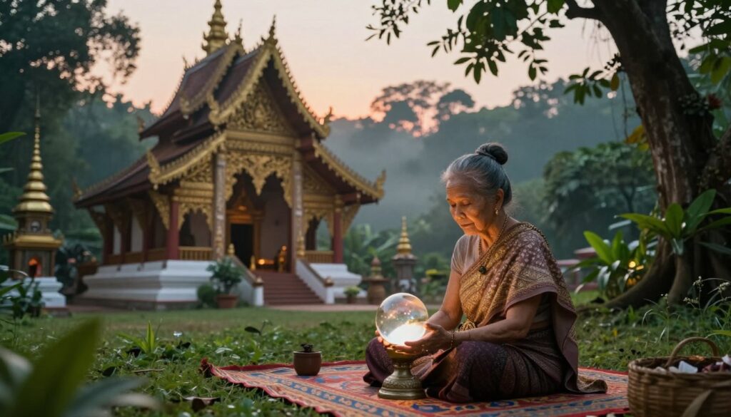 A serene and mystical scene inspired by Thai dream interpretation, showcasing an intricately decorated Thai temple surrounded by lush greenery. In the foreground, a wise elderly Thai woman, dressed in traditional attire, sits cross-legged on a colorful woven mat, gazing thoughtfully into a gleaming crystal ball. The middle ground features the temple's intricate carvings and golden spires, warmly illuminated by the gentle glow of sunset, casting soft shadows. In the background, a tranquil forest fades into a soft mist, evoking a sense of mystery. The atmosphere is calm and contemplative, inviting viewers into the rich cultural tapestry of Thai dreams and their significance. The lighting is soft and inviting, with a focus on the glowing crystal ball that symbolizes the depth of dream interpretation.