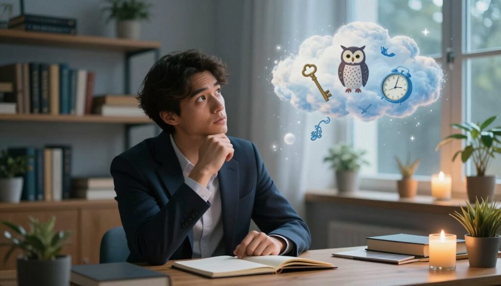 A serene and reflective scene illustrating the concept of dream analysis. In the foreground, a thoughtful individual wearing smart business attire sits at a wooden desk, surrounded by open notebooks and a flickering candle. Their facial expression shows curiosity and contemplation as they look at a floating dream cloud filled with vivid symbols such as a key, an owl, and a clock. The middle ground features charming shelves filled with books about dreams and psychology. In the background, soft, ethereal light filters through a window, creating a warm and inviting atmosphere, while a few plants add a touch of nature. The color palette is calming, with soft blues, warm yellows, and earthy tones to evoke a sense of tranquility and introspection.