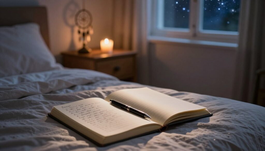 A serene bedroom setting at dusk with soft ambient lighting casting gentle shadows. In the foreground, a journal lies open on a cozy bed, filled with handwritten notes about dreams. Beside it, a stylish pen rests, glistening under the warm light. The middle ground features a wooden nightstand adorned with a small dreamcatcher and a lit candle, creating a tranquil atmosphere. In the background, a window showcases a starlit sky, symbolizing the dream world. The mood conveys contemplation and introspection, inviting the viewer to explore dream interpretation. This image should encapsulate the essence of capturing and understanding dreams, embodying a peaceful ambiance ideal for reflection.