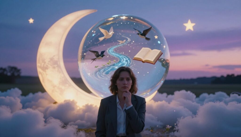 A serene dream analysis scene unfolds in the foreground, featuring a thoughtful person dressed in professional attire, surrounded by ethereal dream symbols like clouds, stars, and a crescent moon softly illuminated. In the middle ground, a floating, transparent crystal ball reflects various dream motifs such as a running stream, flying birds, and an open book, representing interpretation and exploration. The background features a softly lit, tranquil landscape merging into a twilight sky, evoking a contemplative mood and a sense of wonder. The lighting is warm and dreamy, with gentle gradients of blue and purple hues creating an atmosphere that invites introspection. This image captures the essence of understanding dreams and the phases of dreaming vividly.