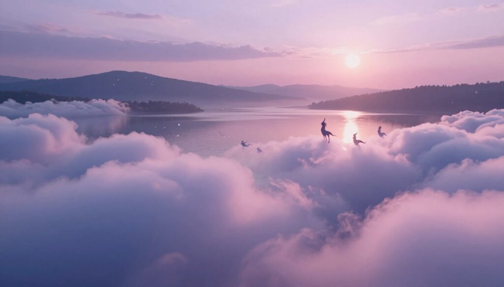 A serene dreamscape depicting the essence of "ความฝัน" (dream) in vivid detail. In the foreground, a gentle cascade of ethereal clouds billows, reflecting soft pastels of pink and lavender. Delicate silhouettes of mythical creatures gracefully dance among the clouds, embodying the whimsical nature of dreams. The middle ground features a tranquil lake, its surface shimmering with reflections of starlit skies, hinting at the mysteries of the subconscious. In the background, rolling hills fade into a horizon adorned with a glowing moon, casting a soothing light throughout the scene. Utilize soft, diffused lighting for a dreamlike quality, captured with a wide-angle lens to enhance depth. The overall atmosphere is calm and introspective, evoking feelings of wonder and contemplation about the nature of dreams.