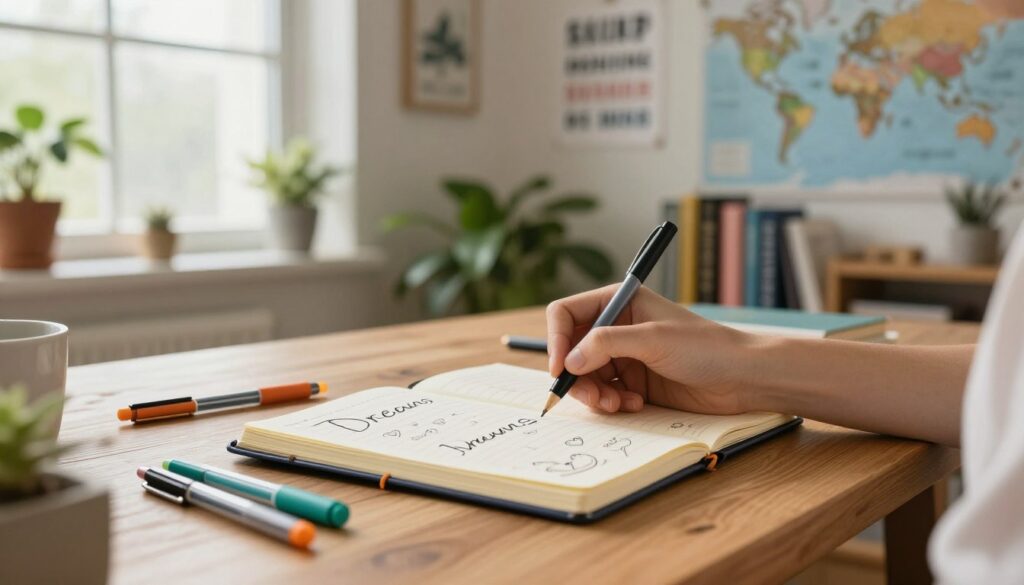 A serene workspace featuring a dream journal open on a wooden desk, with colorful pens scattered around. In the foreground, a hand writes in the journal, capturing vivid dreams with enthusiasm. The middle ground shows soft lighting from a nearby window, illuminating a cozy room filled with plants and inspirational quotes on the wall. The background has bookshelves filled with self-help books and a world map pinned with various dream destinations. The mood is uplifting and creative, encouraging personal reflection and exploration. The scene is warm and inviting, suggesting a calm and focused atmosphere for dream discovery. The image should be bright, well-lit, and capture the essence of using a dream journal effectively.