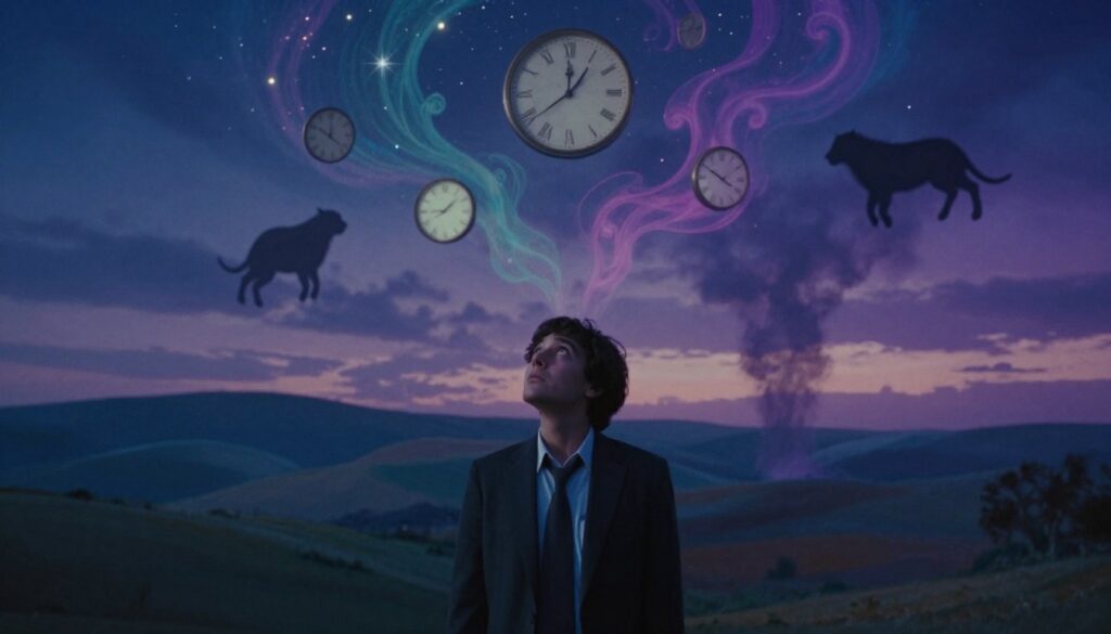 A surreal dreamscape representing the concept of "dreams as omens." In the foreground, a figure dressed in professional attire is gazing up, their expression a mix of wonder and contemplation. They are surrounded by ethereal dream elements such as floating clocks, shadows of animals, and swirling colors that symbolize various dream types. In the middle ground, an abstract landscape transitions from serene hills to chaotic storms, illustrating the duality of dreams. The background features a twilight sky with hues of deep blue and purple, dotted with stars and wispy clouds. Soft, ambient lighting casts an enchanting glow over the scene, creating a mystical atmosphere. The overall mood should be introspective and thought-provoking, capturing the essence of dream interpretation.