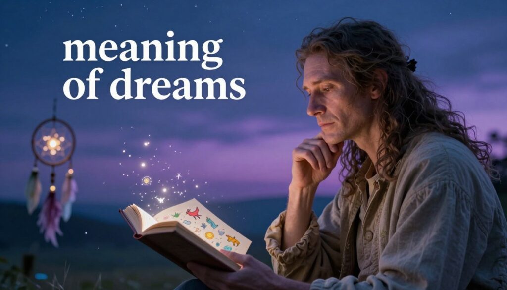 Create an ethereal and dreamlike scene representing the concept of "meaning of dreams." In the foreground, depict a serene, wise-looking figure in modest, comfortable attire, gazing thoughtfully at an open book filled with colorful dream symbols like clouds, stars, and mythical creatures. In the middle ground, include whimsical elements such as floating dreamcatchers and shimmering light orbs, suggesting the exploration of subconscious thoughts. The background should feature a tranquil night sky with a soft gradient of blues and purples, dotted with delicate stars. Use soft, diffused lighting to create a calming atmosphere, evoking a sense of wonder and introspection. The image should capture the essence of dreams' importance in understanding oneself, while maintaining a safe, professional undertone.
